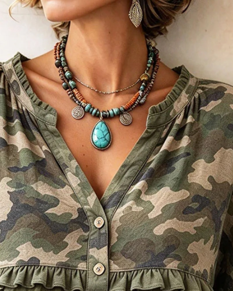 Camo Patchwork Ruffle Trim V-Neck Top
