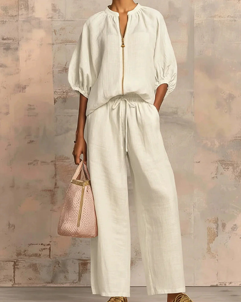 Zipper Crewneck Top Wide Leg Pants Two-Piece Sets