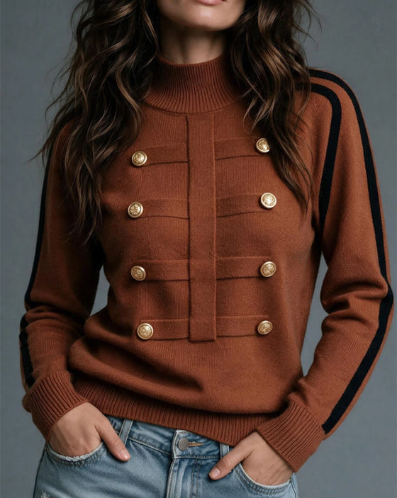 Turtleneck Metal Button Color Block Pullover