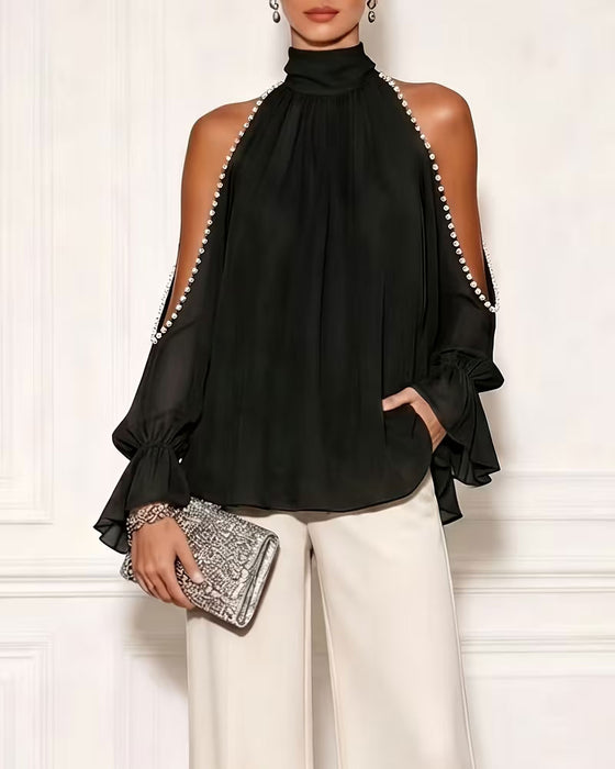 Turtleneck Off-Shoulder Ruffle Blouse