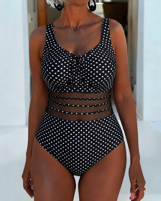 Lace-Up Polka-Dot Mesh One-Piece
