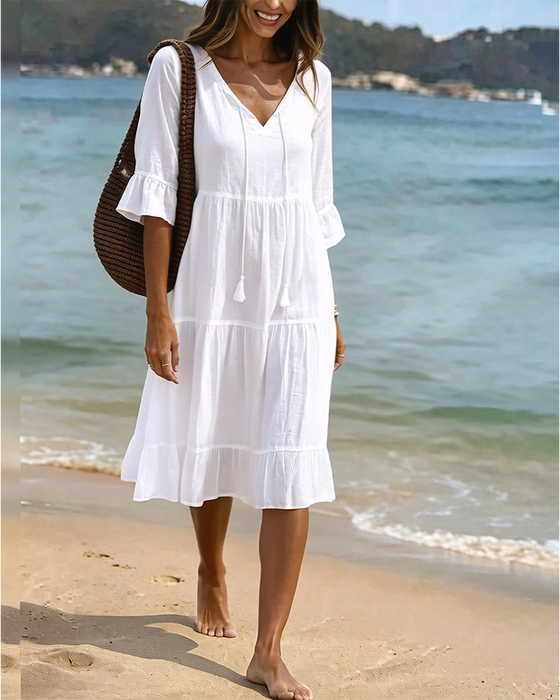 Flared Half Sleeve Tie Waist Dress