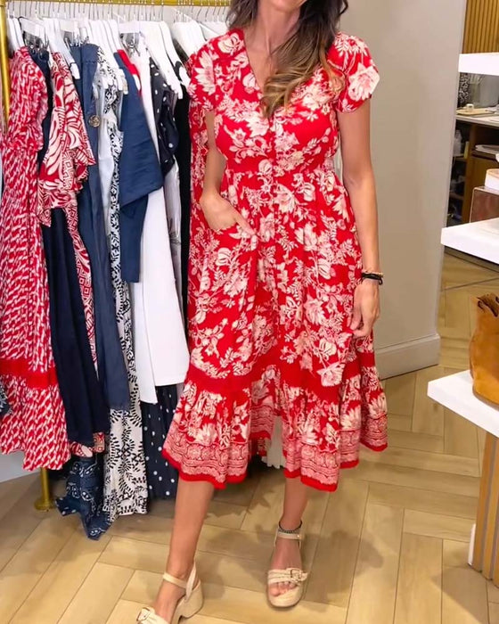 V-Neck Floral Patchwork A-Line Dress
