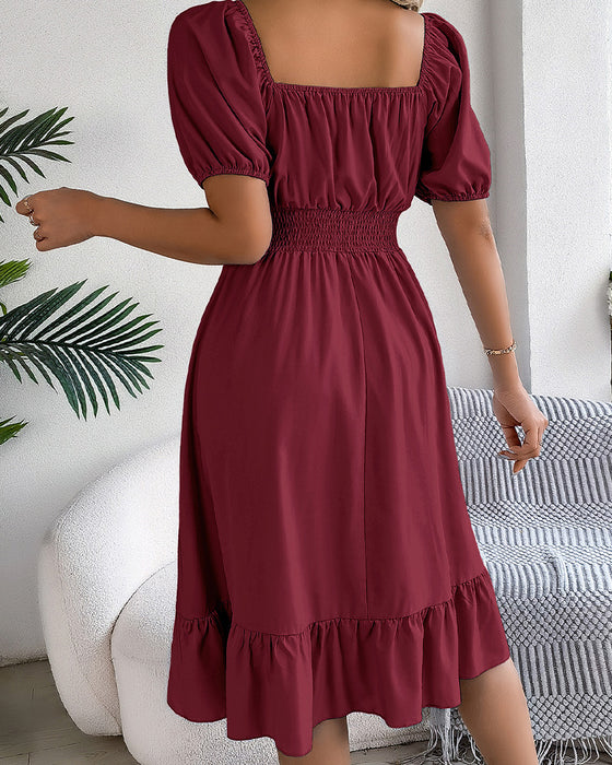 Square Neck Cinched Waist Ruffle A-Line Dress