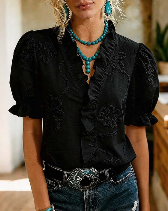 V-Neck Ruffle Trim Puff Sleeve Blouse