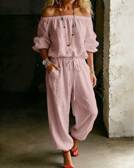 Off-Shoulder Tie Waist Cinched Waist Jumpsuit