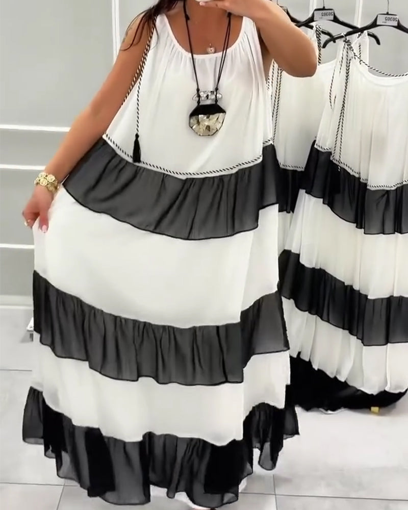 Round Neck Sleeveless Color Block Dress