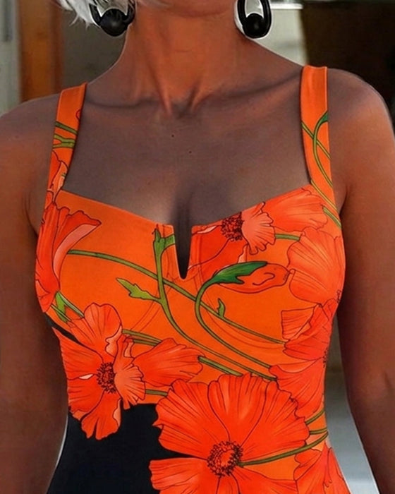 Square Neck Halter Strap Floral Swimsuit One-Piece