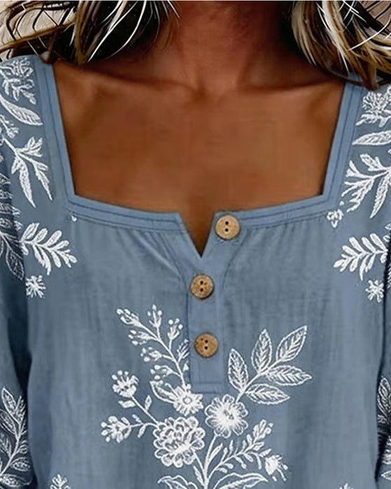 Square Neck Print Loose Blouse