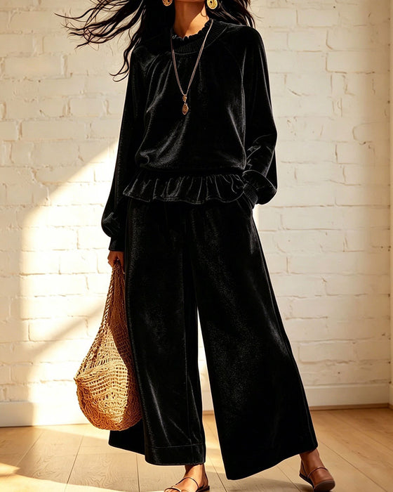 Solid Color Ruffled Top Wide-Leg Pants Set