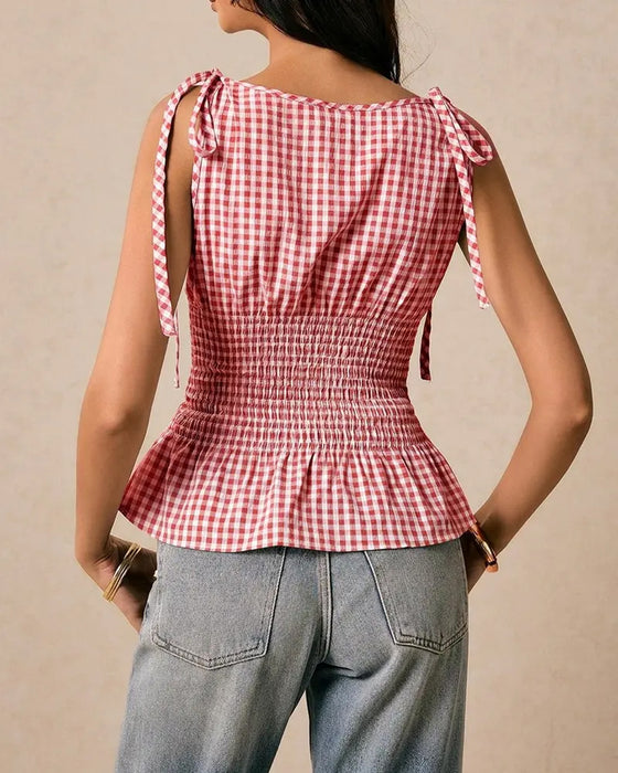Sleeveless Plaid Tie Waist Blouse