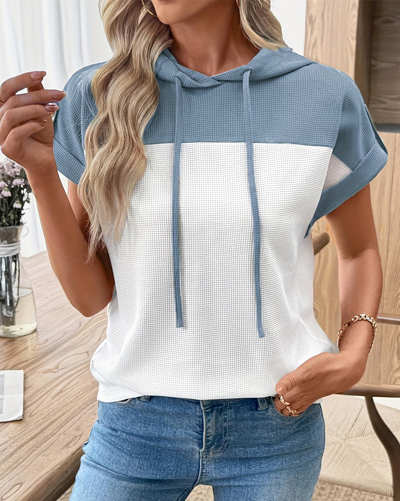 Hooded Waffle Color Block Top