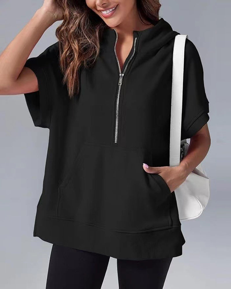 Short Sleeve Partial Zipper Hooded Sweatshirt