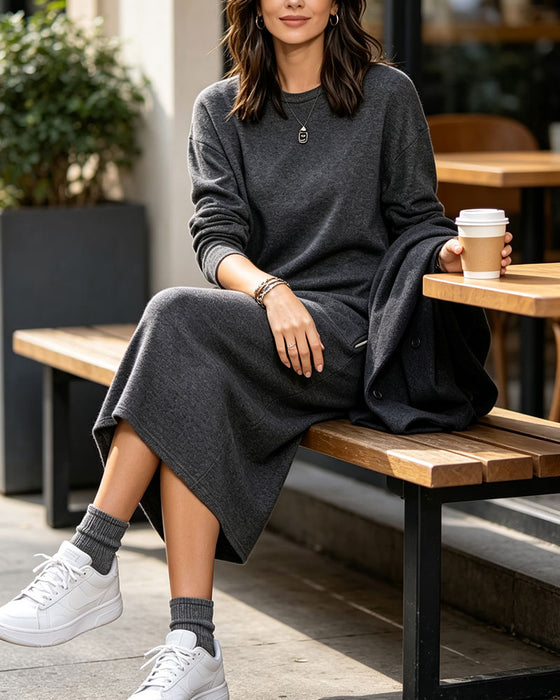 Crew Neck Pocket Solid Dress