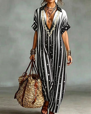 V-Neck Stripe Contrast Loose Jumpsuit