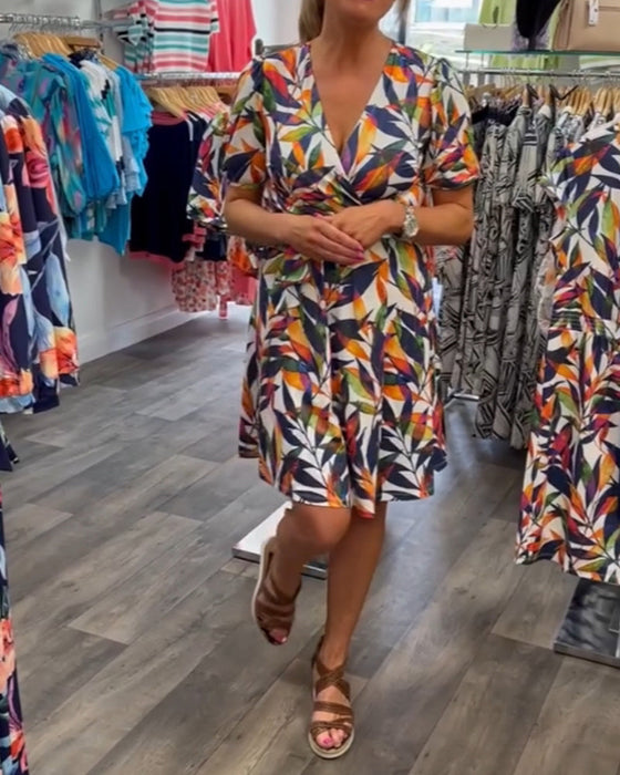 V-Neck Short Sleeve Printed Dress