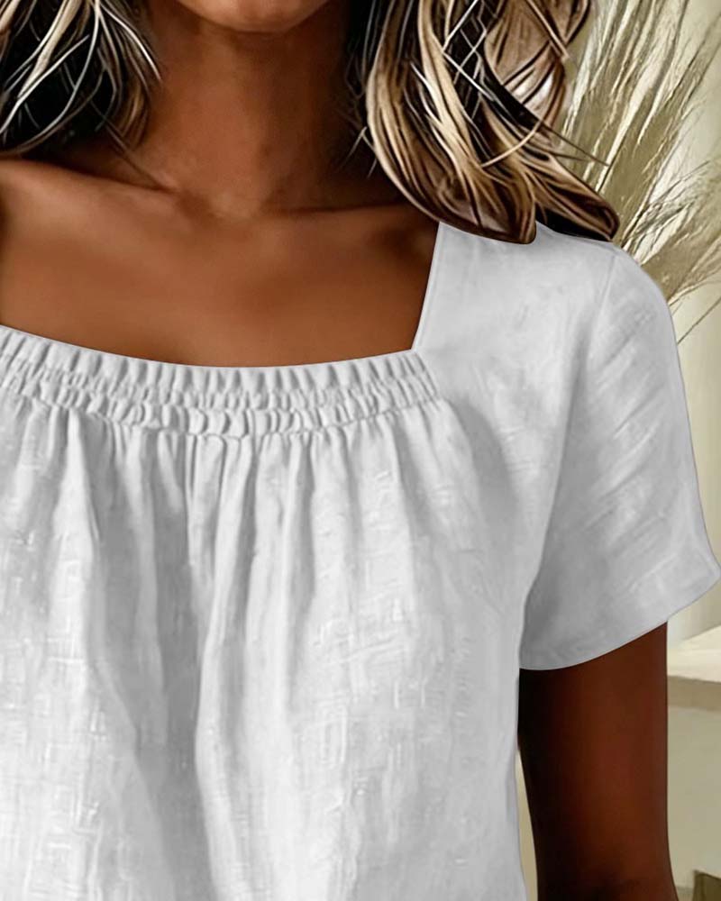 Square Neck Shirred Short Sleeve Blouse