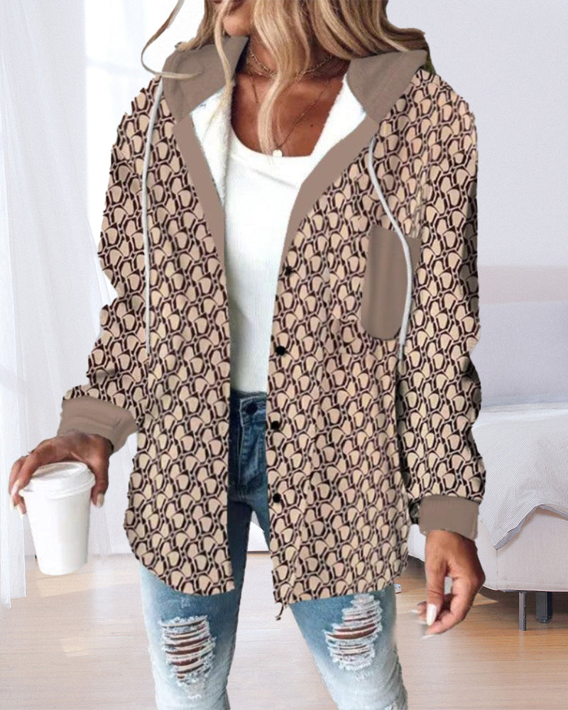 Casual printed pocket lace-up hooded coat
