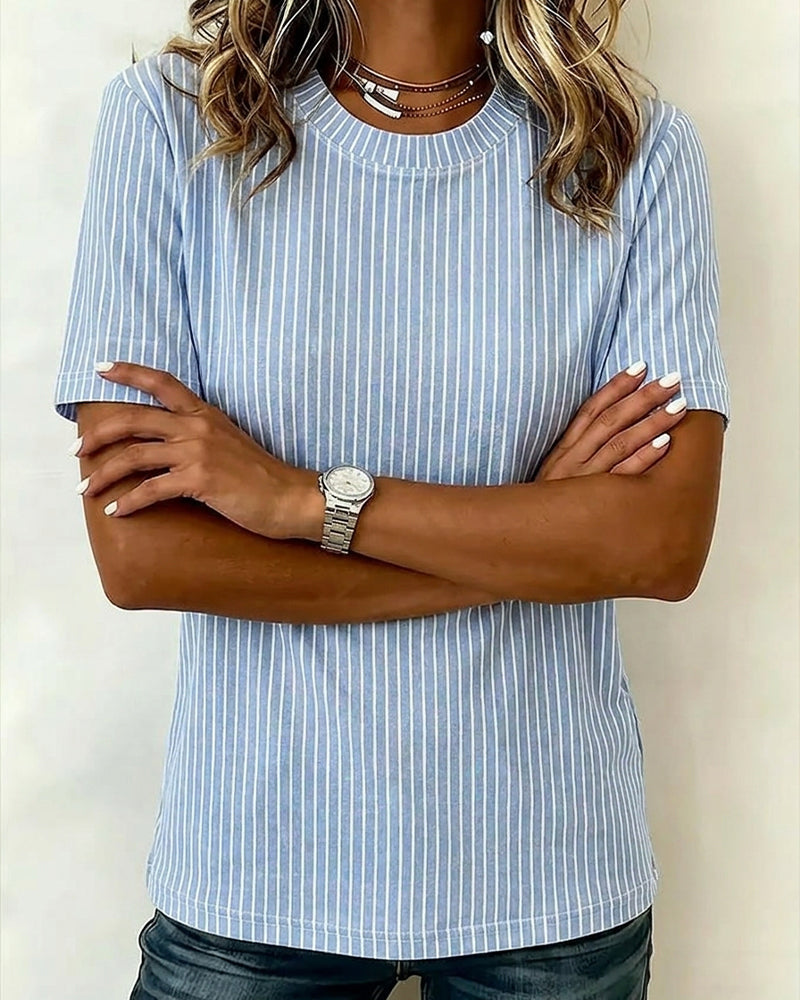 Blue and White Vertical Stripe Crew Neck Top