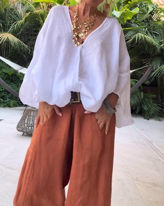V-Neck Asymmetric Solid Relaxed Blouse