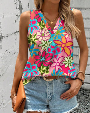 V-Neck Floral Print Sleeveless Vest