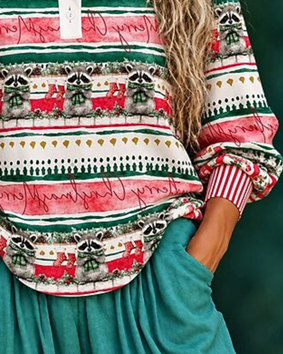Christmas Raccoon Striped Patchwork Top