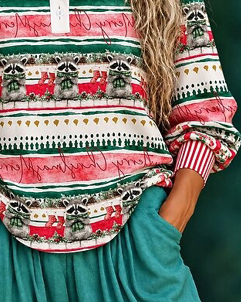 Christmas Raccoon Striped Patchwork Top