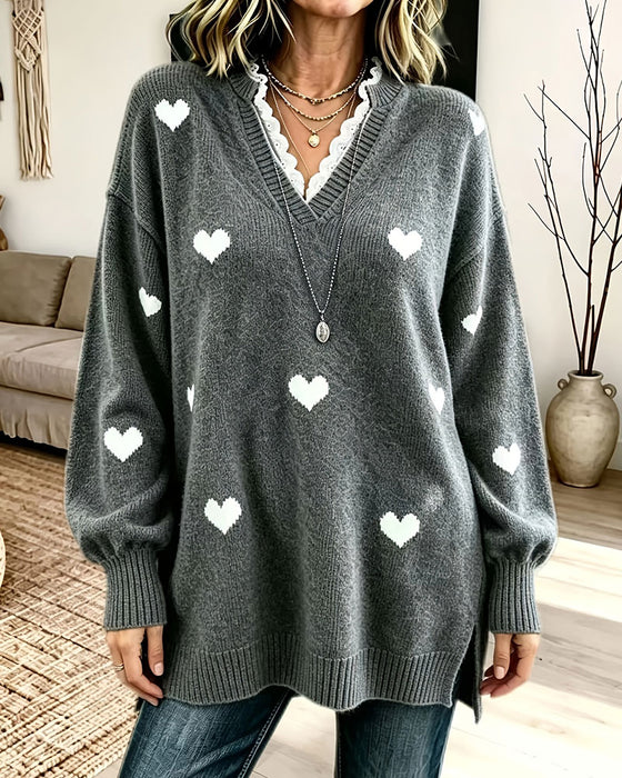 Heart Print V-Neck Pullover