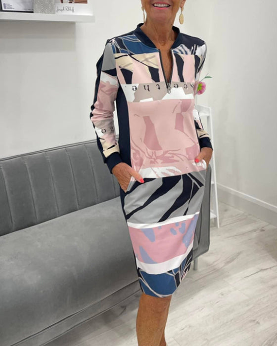 Zippered long sleeve pocket color block dress