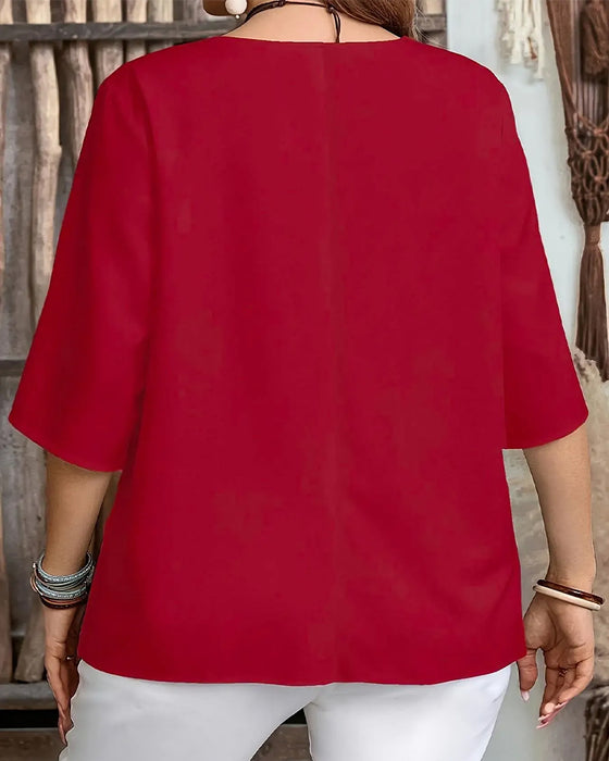 V-Neck Button Solid Three-Quarter Sleeve Blouse