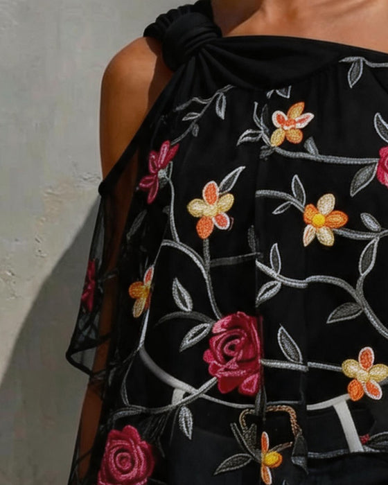 Mesh Rose One-Shoulder Twist Knot Blouse