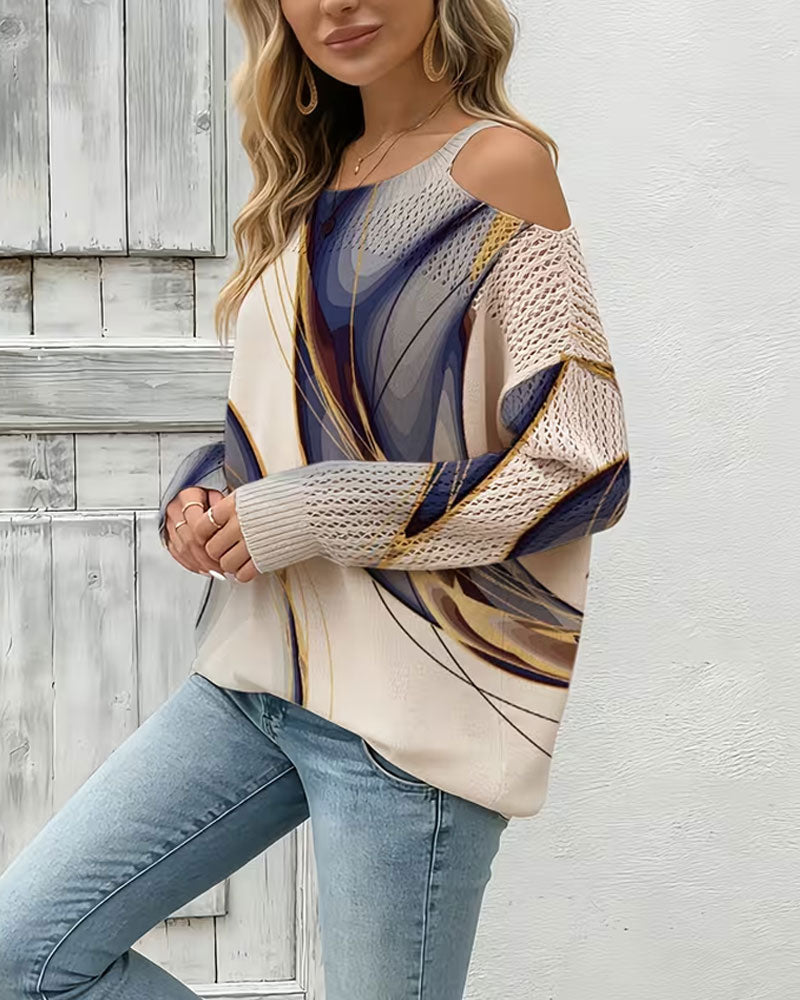 Stylish Print Hollow Out Off-Shoulder Pullover