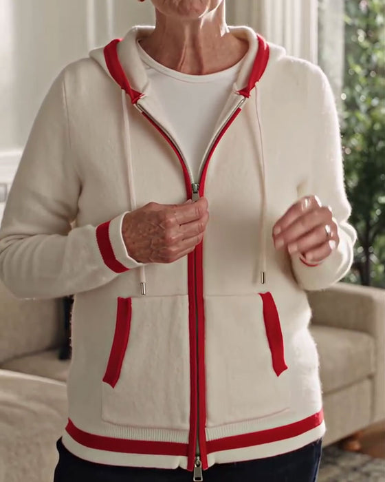 Hooded Full-Zip Contrast Sweater Cardigan