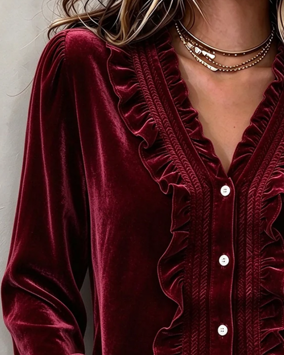 Velvet Ruffle-Trim V-Neck Long-Sleeve Blouse