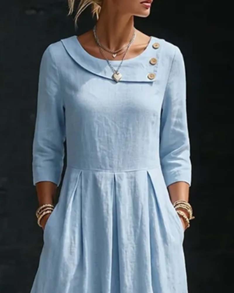Crew Neck Side Button 3/4 Sleeve Dress