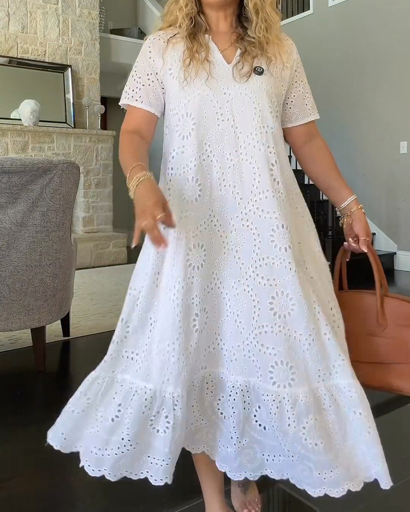 V Neck Hollow Out Ruffle Trim Solid Color Dress