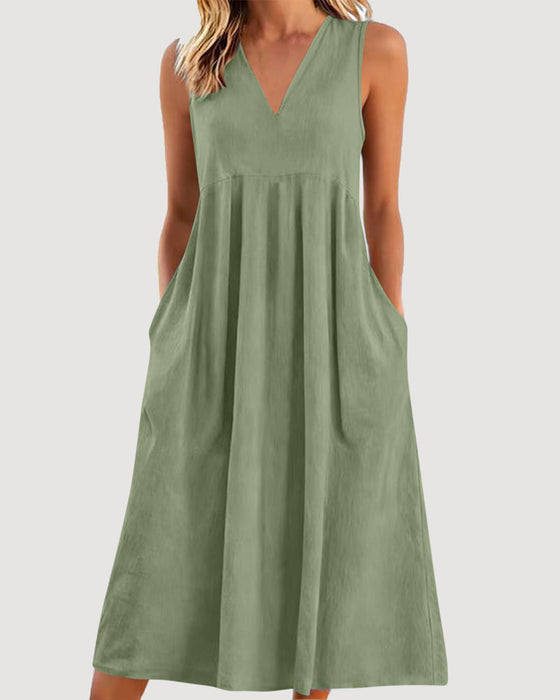 Solid Color V-Neck Sleeveless Dress