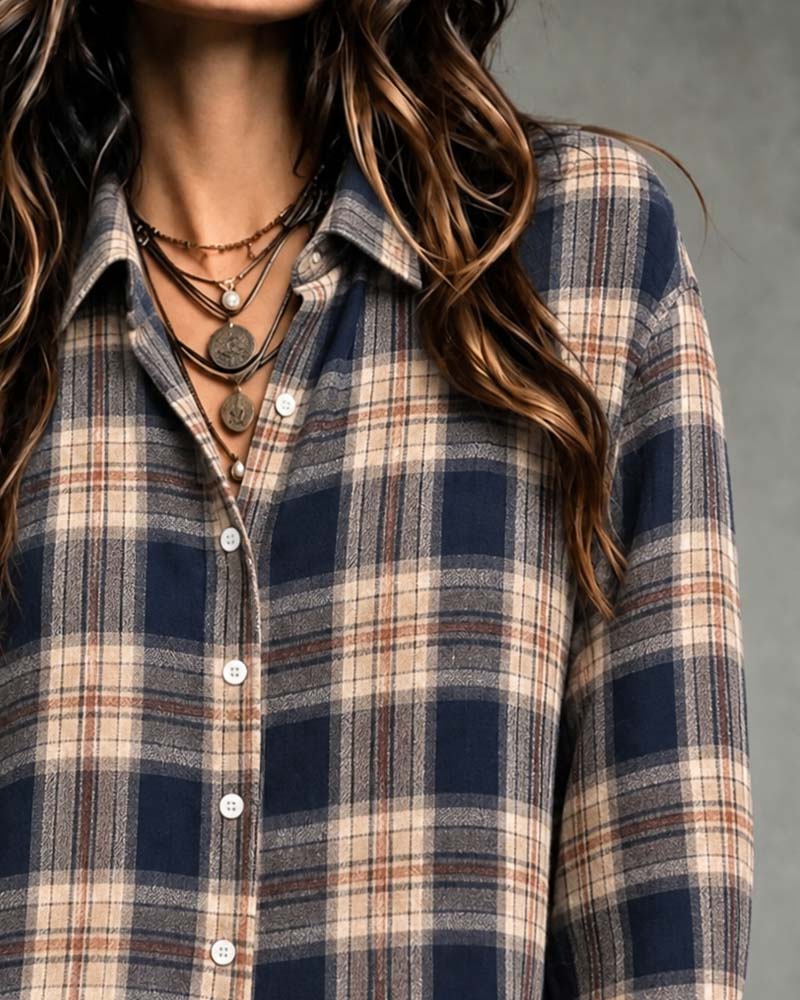 Collared Plaid Long-Sleeve Blouse