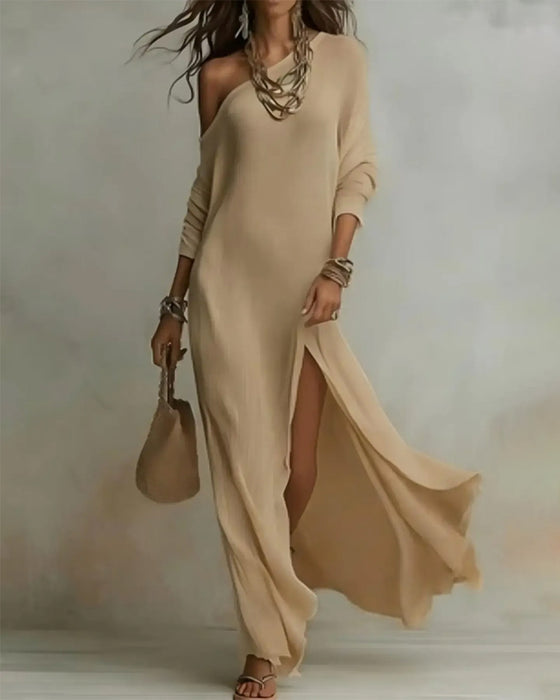 Off-Shoulder Short-Sleeve Slit Long Dresses