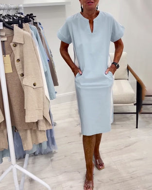 Short-Sleeved Contrast Color Straight Dress
