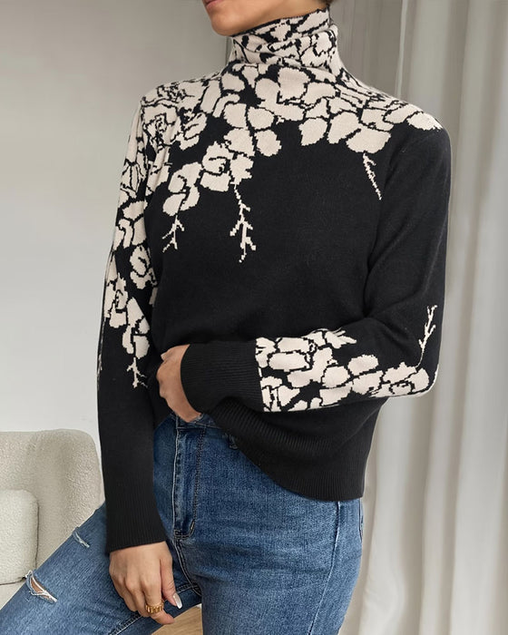 High Neck Floral Jacquard Pullover