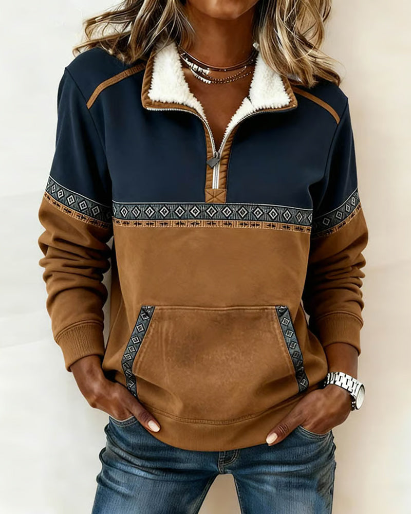 Retro Color-Blocked Fur Collar Sweatshirt