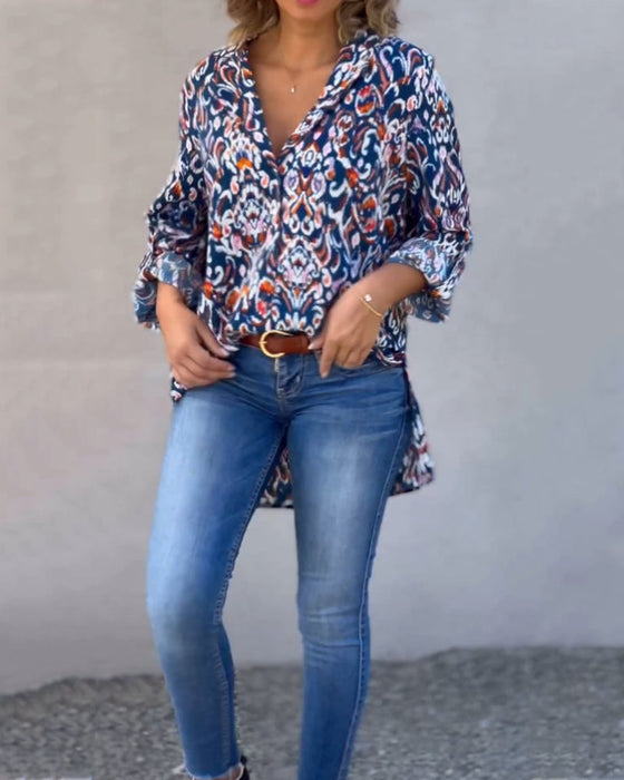 V-neck floral long-sleeved blouse