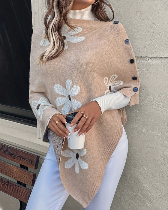 Daisy Print Side Button Shawl Sweater Pullover