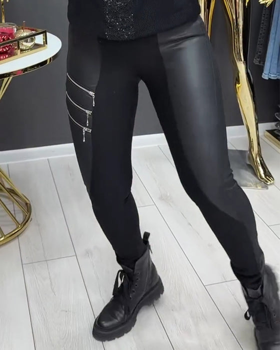 PU Patchwork Zipper Embellished Legging