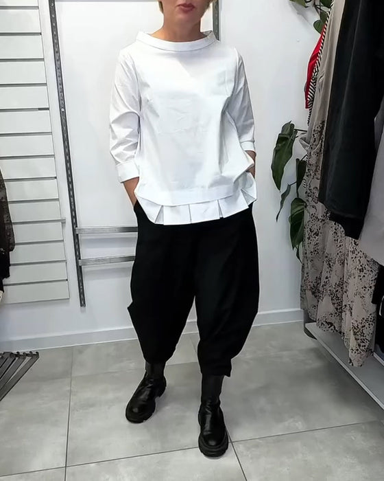 Wide-Collar Solid Color Casual Blouse