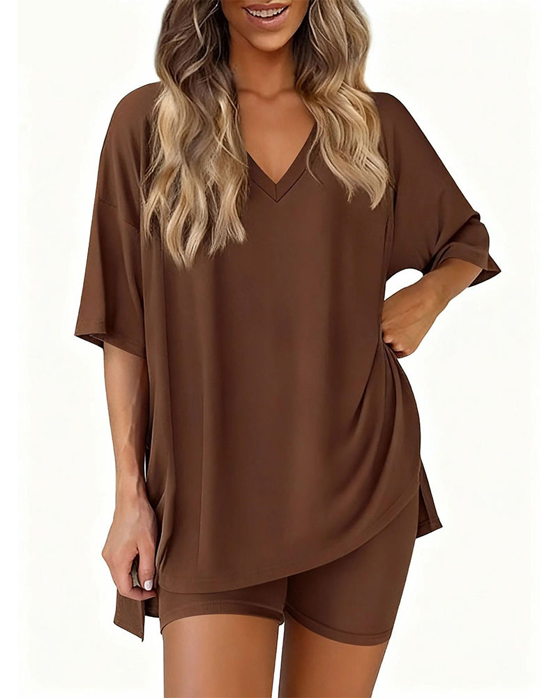 Relaxed Solid V-Neck Two-Piece Set