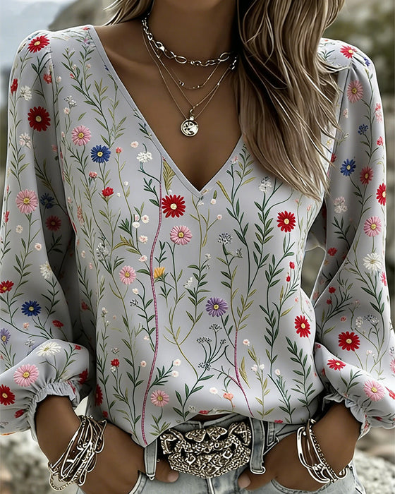 Floral Print Bubble Sleeve V-Neck Blouse