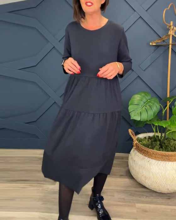 Casual solid color round neck patchwork dress