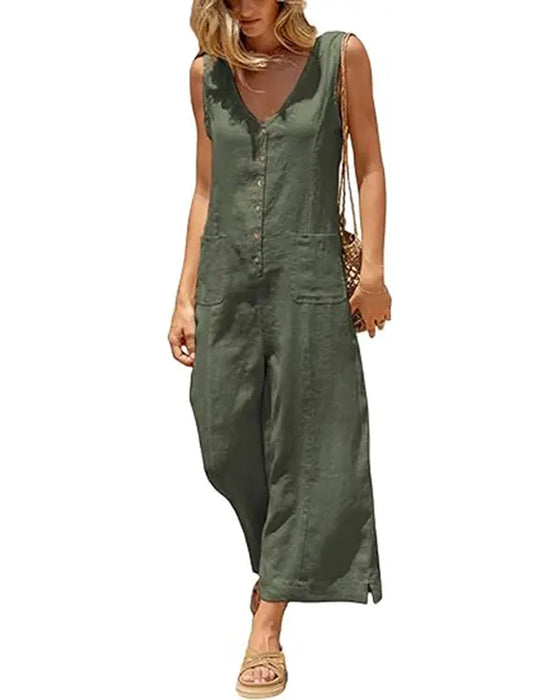 V-Neck Single-Breasted Sleeveless Jumpsuit